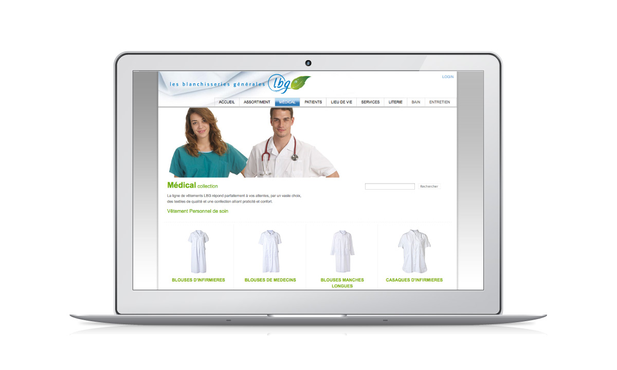 Site internet de l'entreprise LBG SA avec un e-shop intégré