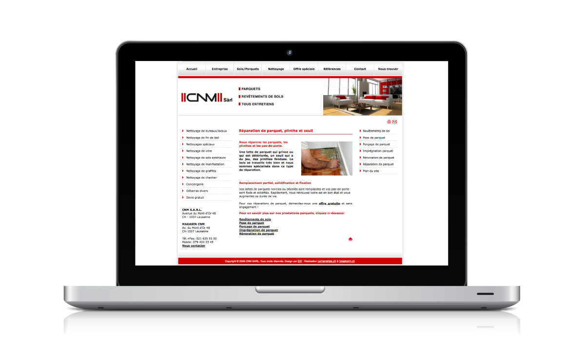 Site internet de l'entreprise de nettoyage et pose de parquets CNM Sàrl à Lausanne