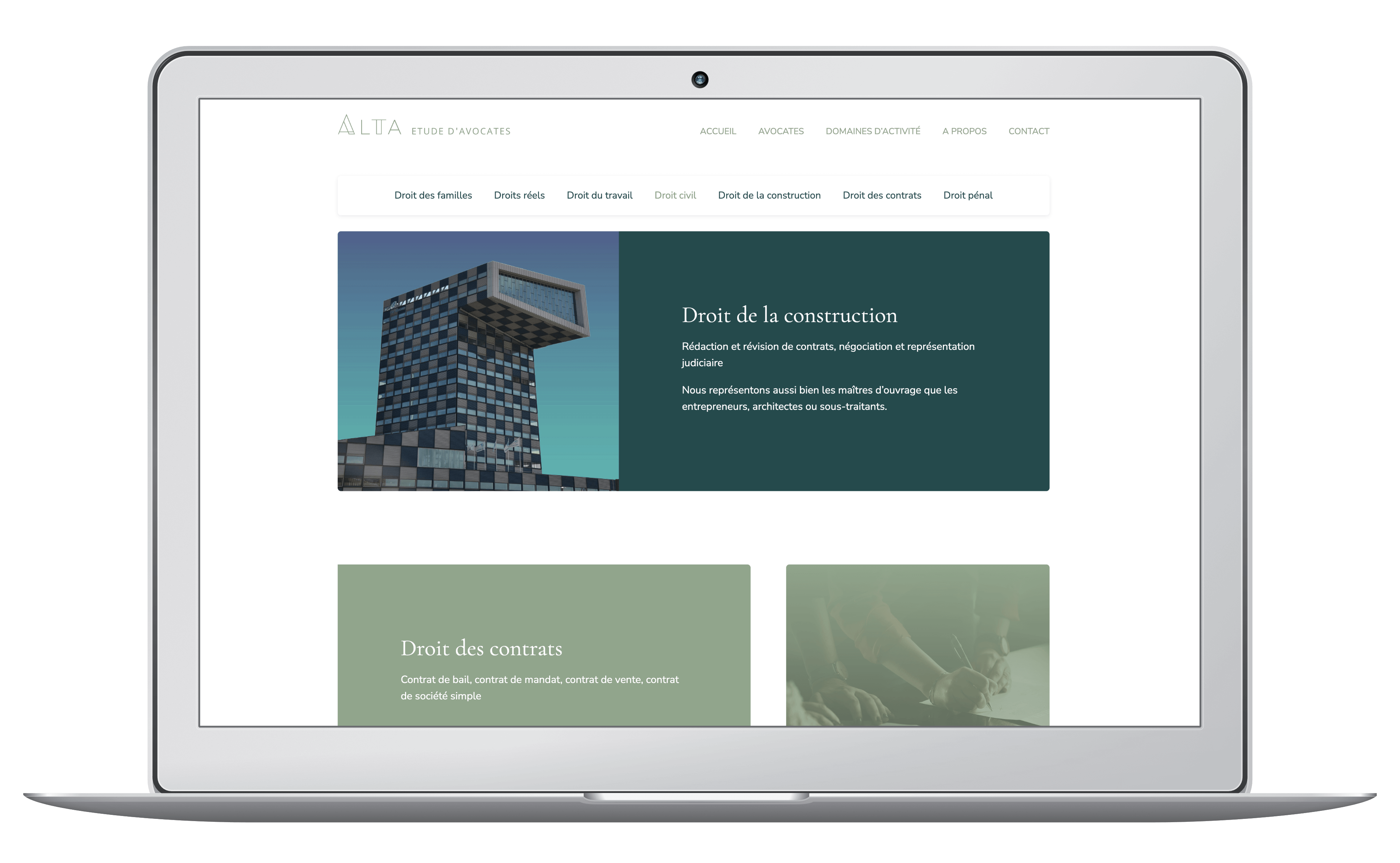 Création du site web de l'étude d'avocates, section domaines d'activité